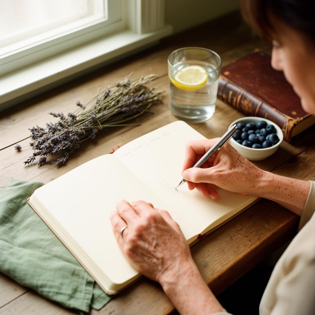 An open journal and pen on a table beside a warm cup of tea