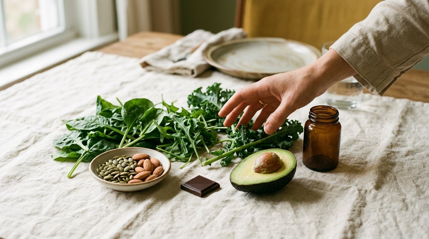Leafy greens, nuts, seeds, avocado and dark chocolate on a linen tablecloth next to a small amber jar